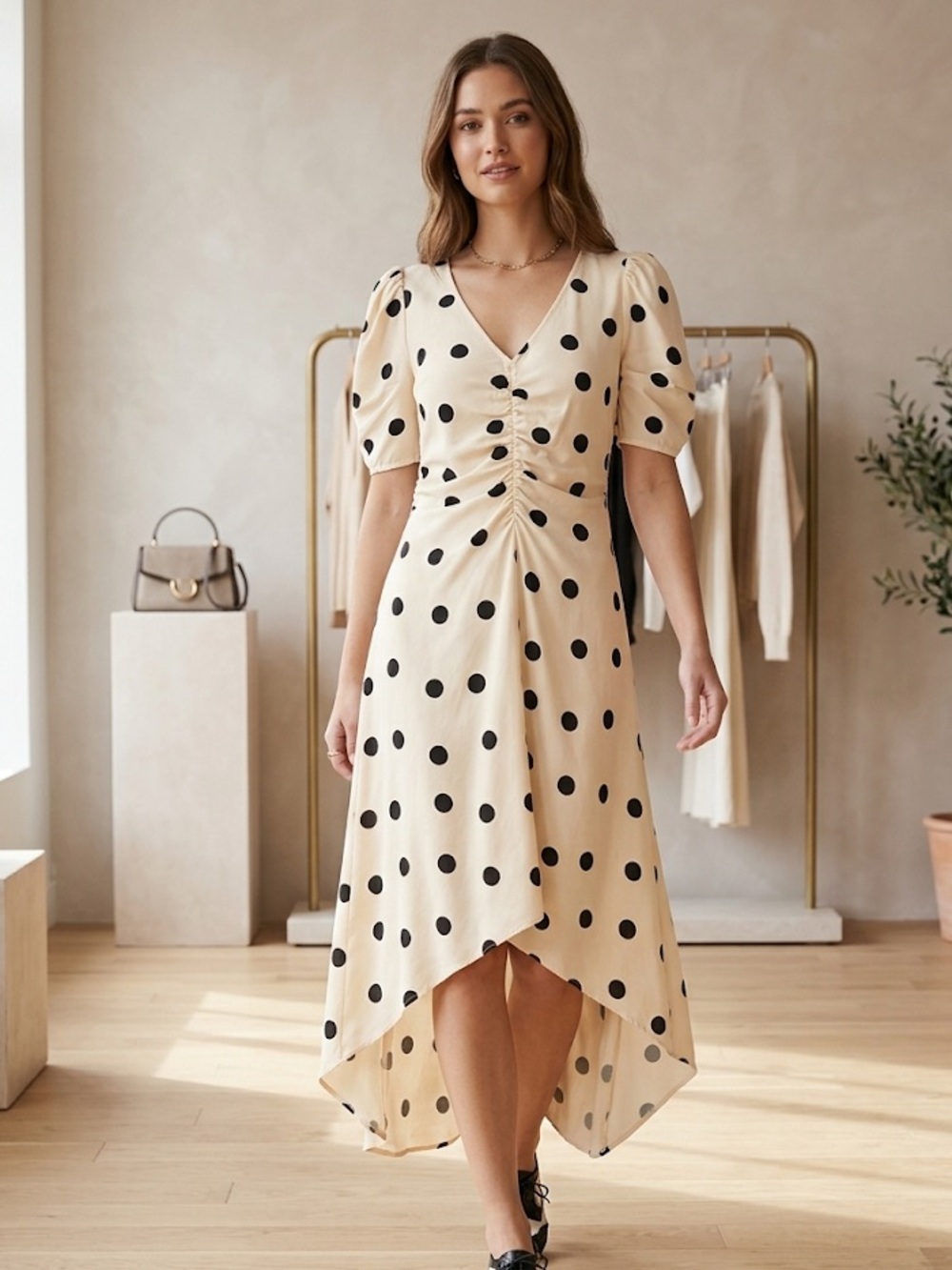 A New Day Cream Black Polka Dot High-Low Midi Dress Puff Sleeve